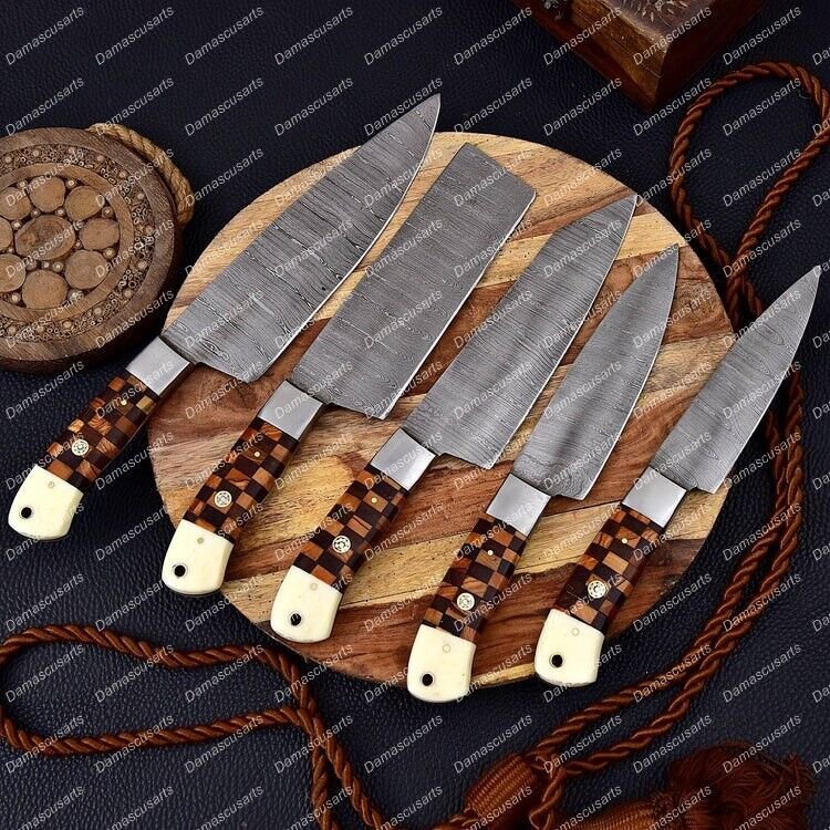 Handmade Damascus Chef Knife Set Steel Bolster With Bone & Dark wood Handle