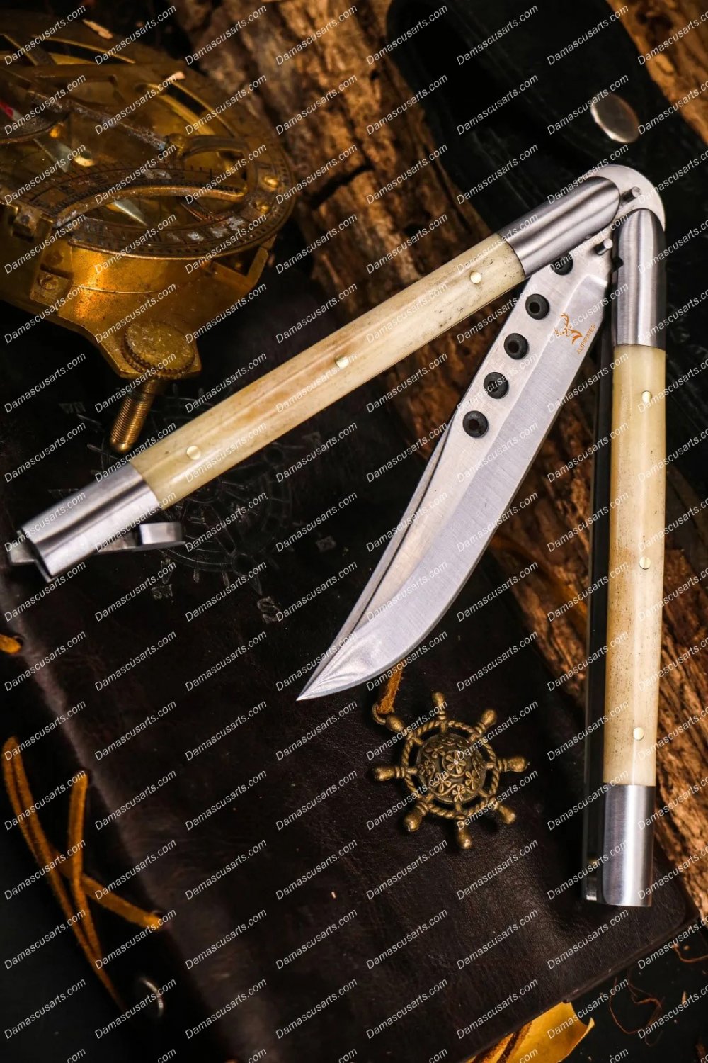 D2 Tool Steel Folding Butterfly Knife Stainless Steel Bone Insert World Class Knives +Leather Sheath