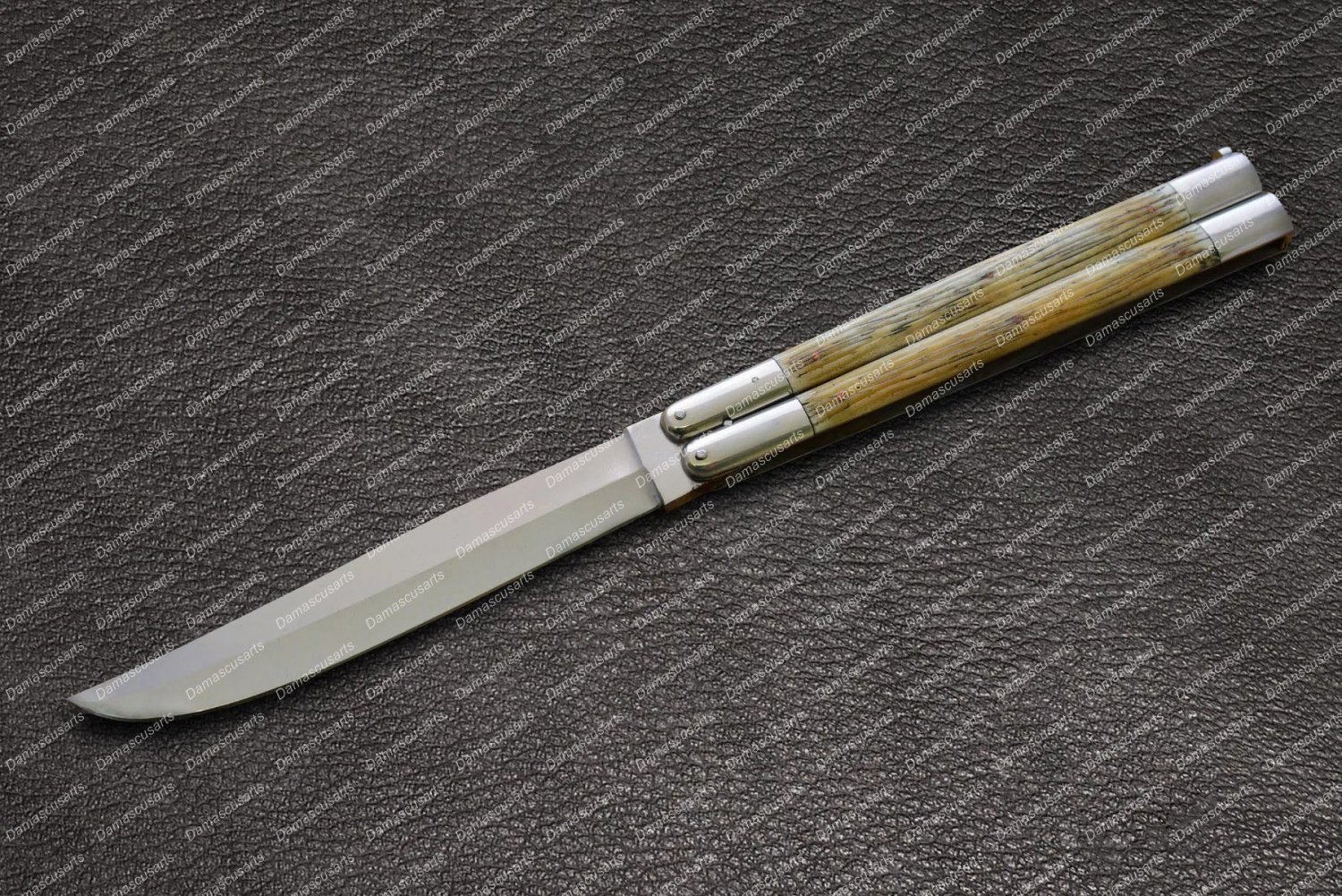 D2 tool steel Folding butterfly Stainless Steel bone Inserts world class knives With Leather Sheath