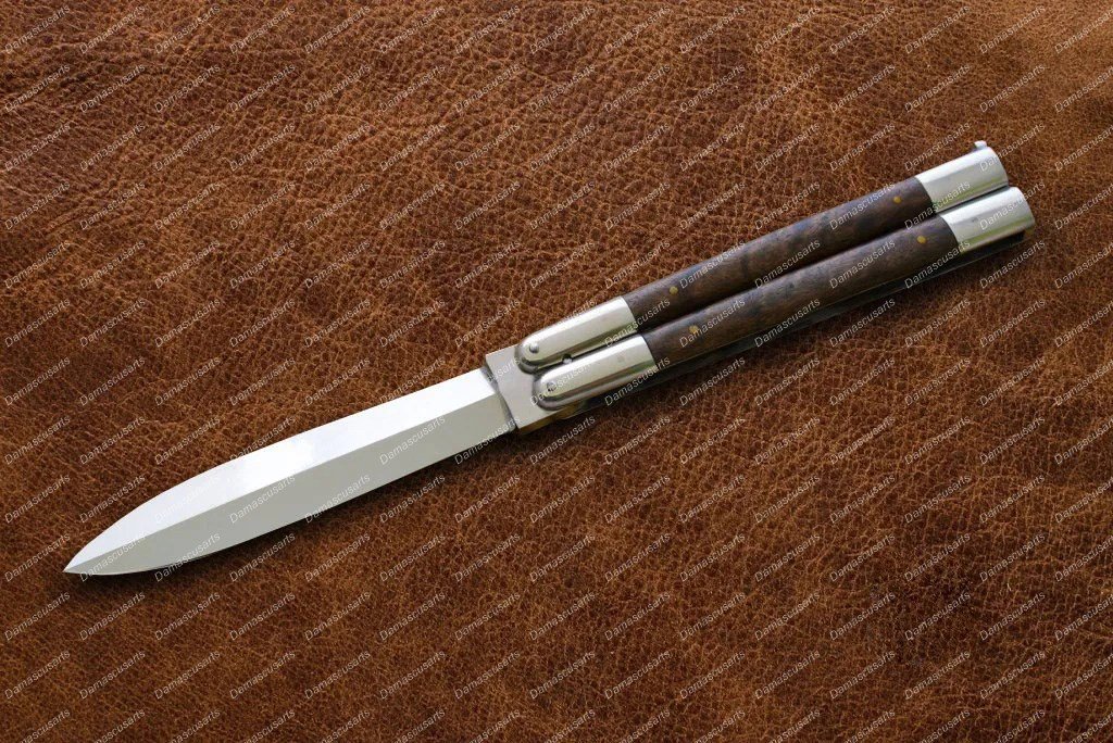 D2 Tool Steel Folding Butterfly Stainless Steel Walnut Burl Wood Inserts World Class Knives + Sheath
