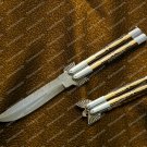High Carbon Steel Folding butterfly Brass with Stainless Brass and walnut burl wood Inserts + Sheath