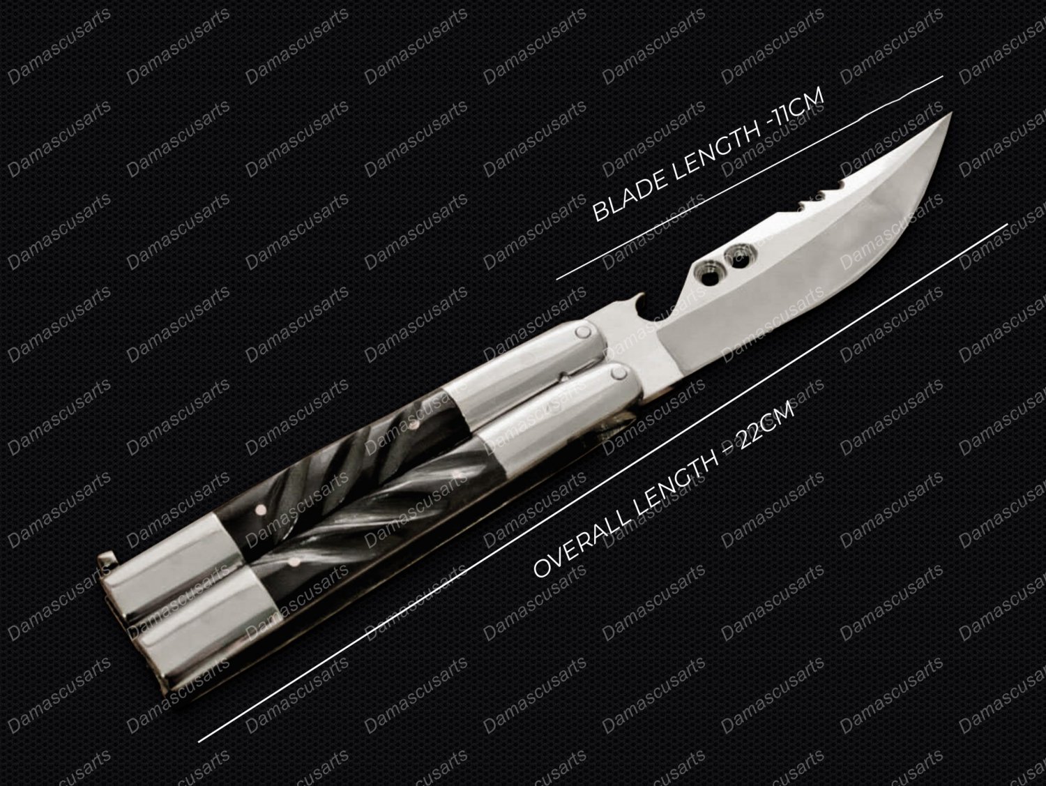 440c Original Folding Butterfly Knife Stainless Steel with Carabao Horn Inserts with Leather Sheath