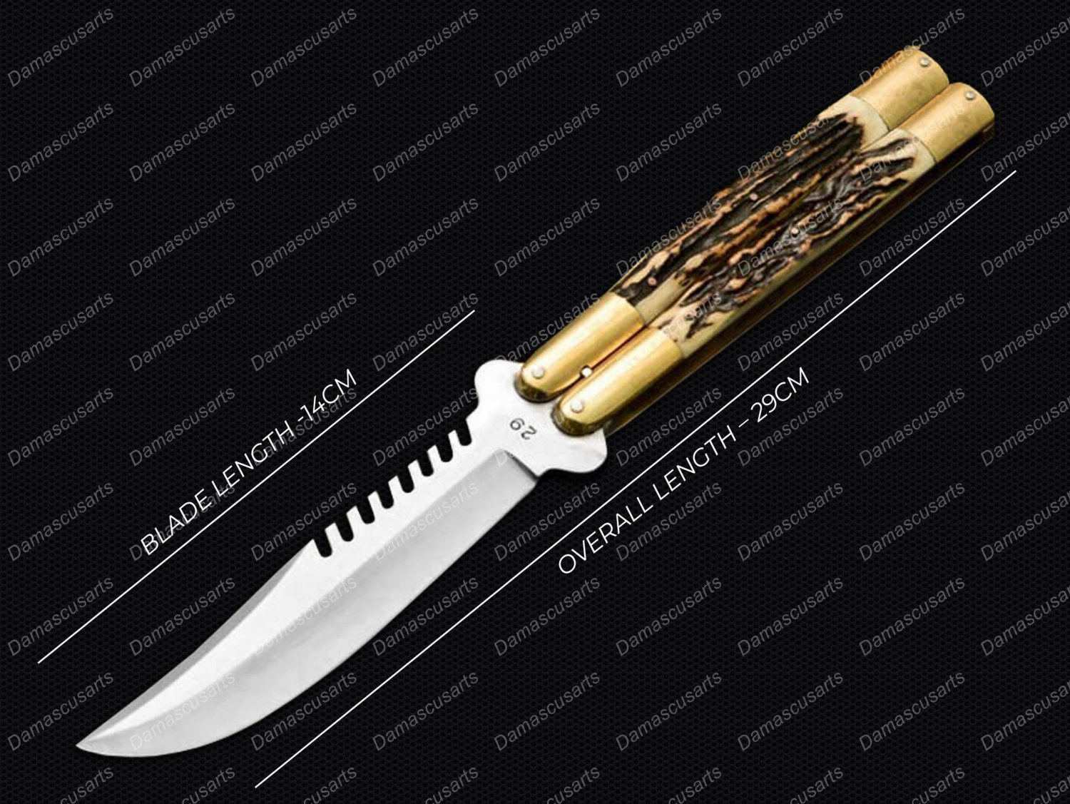 440c Original Folding Butterfly Knife Brass with Philippine Deer Horn Inserts with Leather Sheath