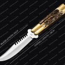 440c Original Folding Butterfly Knife Brass with Philippine Deer Horn Inserts with Leather Sheath