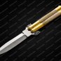44c Original Folding Butterfly Knife Stainless Steel Brass with Bone Inserts with Leather Sheath