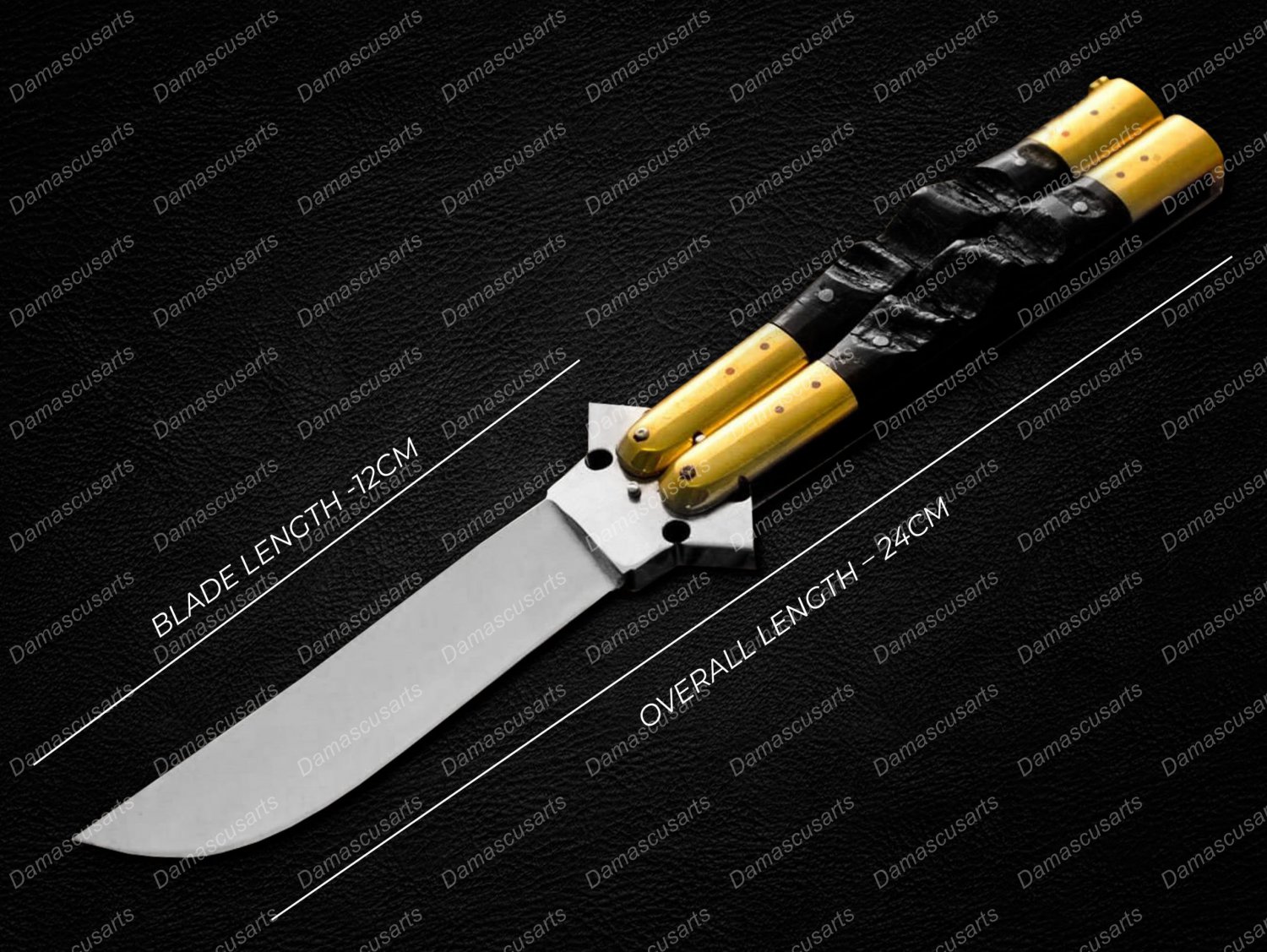 44c Original Folding Butterfly Knife Stainless Steel Brass with Carabao Horn Inserts with Sheath