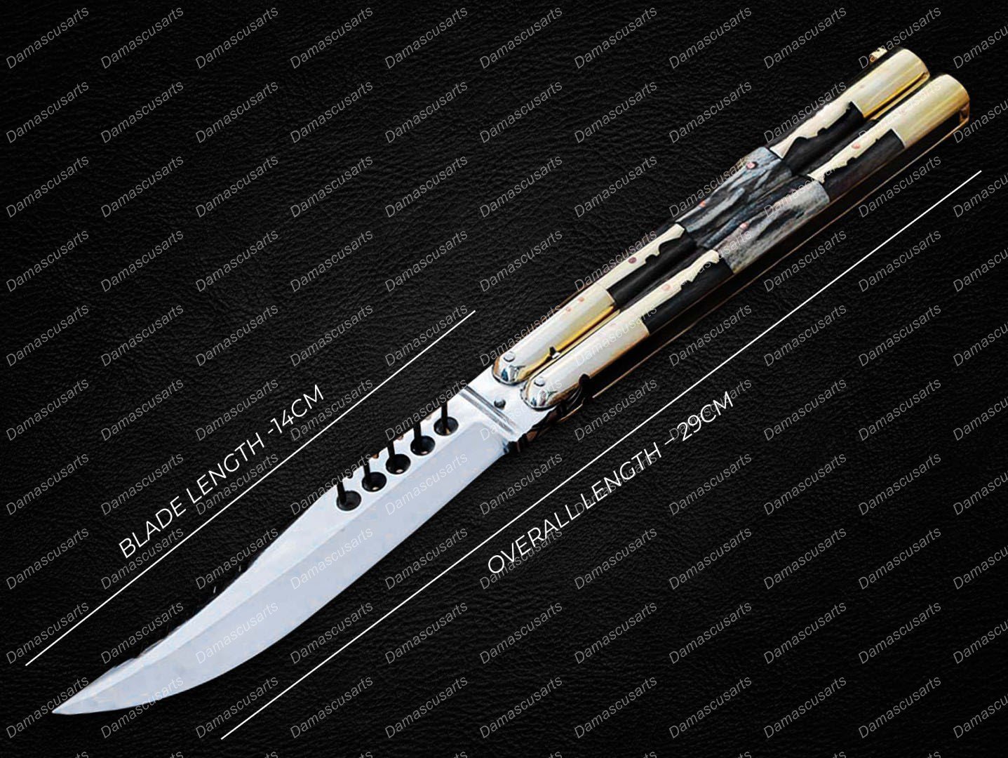 D2 Tool Steel Original Folding Butterfly Knife Brass with Carabao and Deer Horn Inserts with Sheath