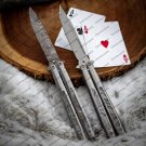 Custom Handmade Original Folding Butterfly Knife Stainless Steel, Silver Finish with Leather Sheath
