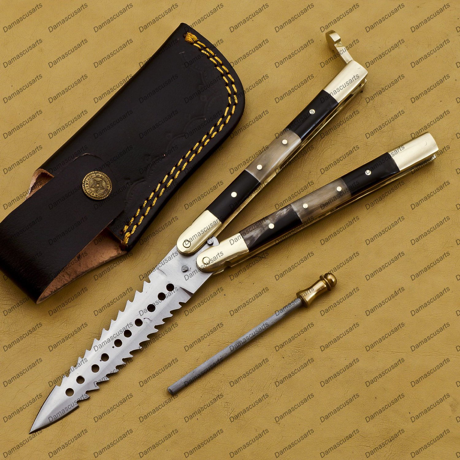 D2 Tool Steel Folding Butterfly Stainless Steel Brass with Bone with Rose Wood Inserts with Sheath