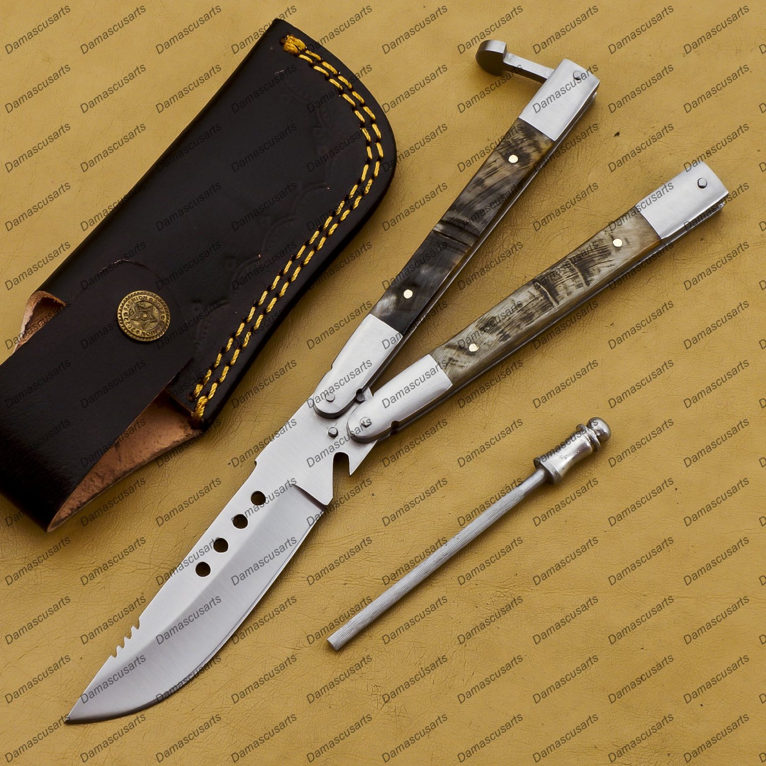 D2 Tool Steel Folding Butterfly Knife Stainless Steel Bone Insert World Class Knives +Leather Sheath