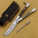 D2 Tool Steel Folding Butterfly Knife Stainless Steel Bone Insert World Class Knives +Leather Sheath