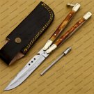 D2 Tool Steel Folding Butterfly Knife Stainless Steel Bone Insert World Class Knives +Leather Sheath