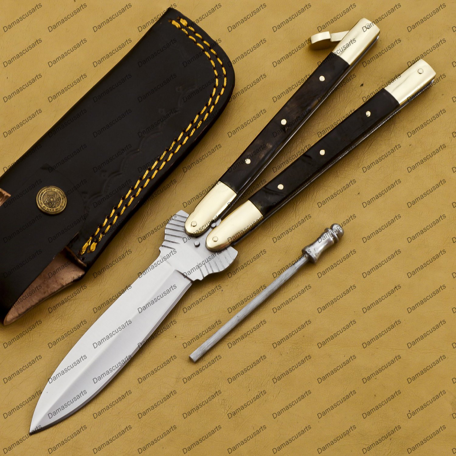 D2 Tool Steel Original Folding Butterfly Knife Brass with Kamagong Wood Inserts with Sheath