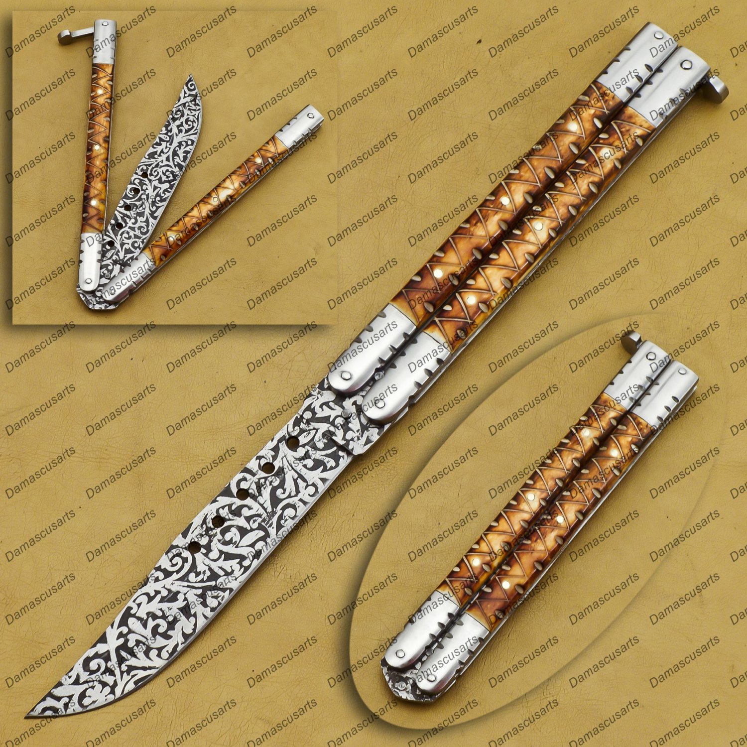 D2 Tool Steel Folding Butterfly Knife Stainless Steel Bone Insert World Class Knives +Leather Sheath