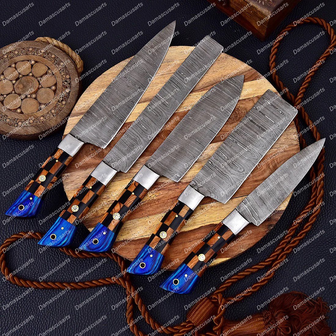 Custom Hand Made Forged Damascus Chef Knife Set Steel Bolster With Bone & Color Sheath Handle