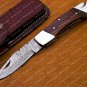 Personalized Custom Damascus Steel Folding Pocket Knife with Handle Olive Wood with Leather Sheeth