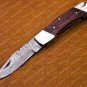 Personalized Custom Damascus Steel Folding Pocket Knife with Handle Olive Wood with Leather Sheeth