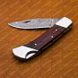 Personalized Custom Damascus Steel Folding Pocket Knife with Handle Olive Wood with Leather Sheeth