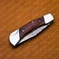 Personalized Custom Damascus Steel Folding Pocket Knife with Handle Olive Wood with Leather Sheeth