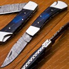 Personalized Custom Damascus Steel Folding Pocket Knife with Handle Olive Wood with Leather Sheeth