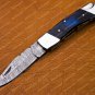 Personalized Custom Damascus Steel Folding Pocket Knife with Handle Olive Wood with Leather Sheeth