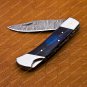 Personalized Custom Damascus Steel Folding Pocket Knife with Handle Olive Wood with Leather Sheeth