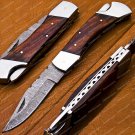 Personalized Custom Damascus Steel Folding Pocket Knife with Handle Olive Wood with Leather Sheeth