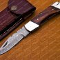 Personalized Custom Damascus Steel Folding Pocket Knife with Handle Olive Wood with Leather Sheeth