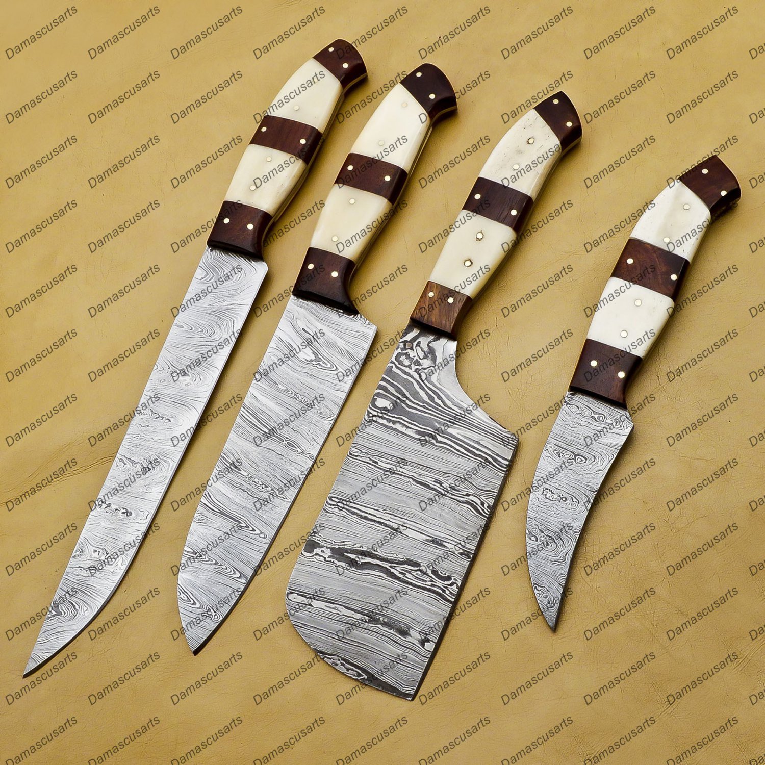 Damascus Chef Knife Set - Forged Steel, Vintage, Handcrafted, Koa Wood Handle, Chef Set with Sheath