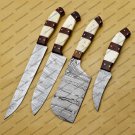 Damascus Chef Knife Set - Forged Steel, Vintage, Handcrafted, Koa Wood Handle, Chef Set with Sheath