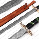 Custom Handmade Damascus Steel Sword With Bull Horn Handle + Leather Sheath