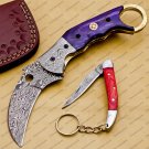 Personalized Damascus Folding Pocket Knife Karambit Knife Hunting Knife with Free Damascus Keychain