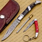 Handmade Damascus Folding Pocket Knife Hunting Knife 100% Handmade Damascus Steel + Leather Sheath