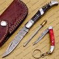 Handmade Damascus Folding Pocket Knife Hunting Knife 100% Handmade Damascus Steel + Leather Sheath