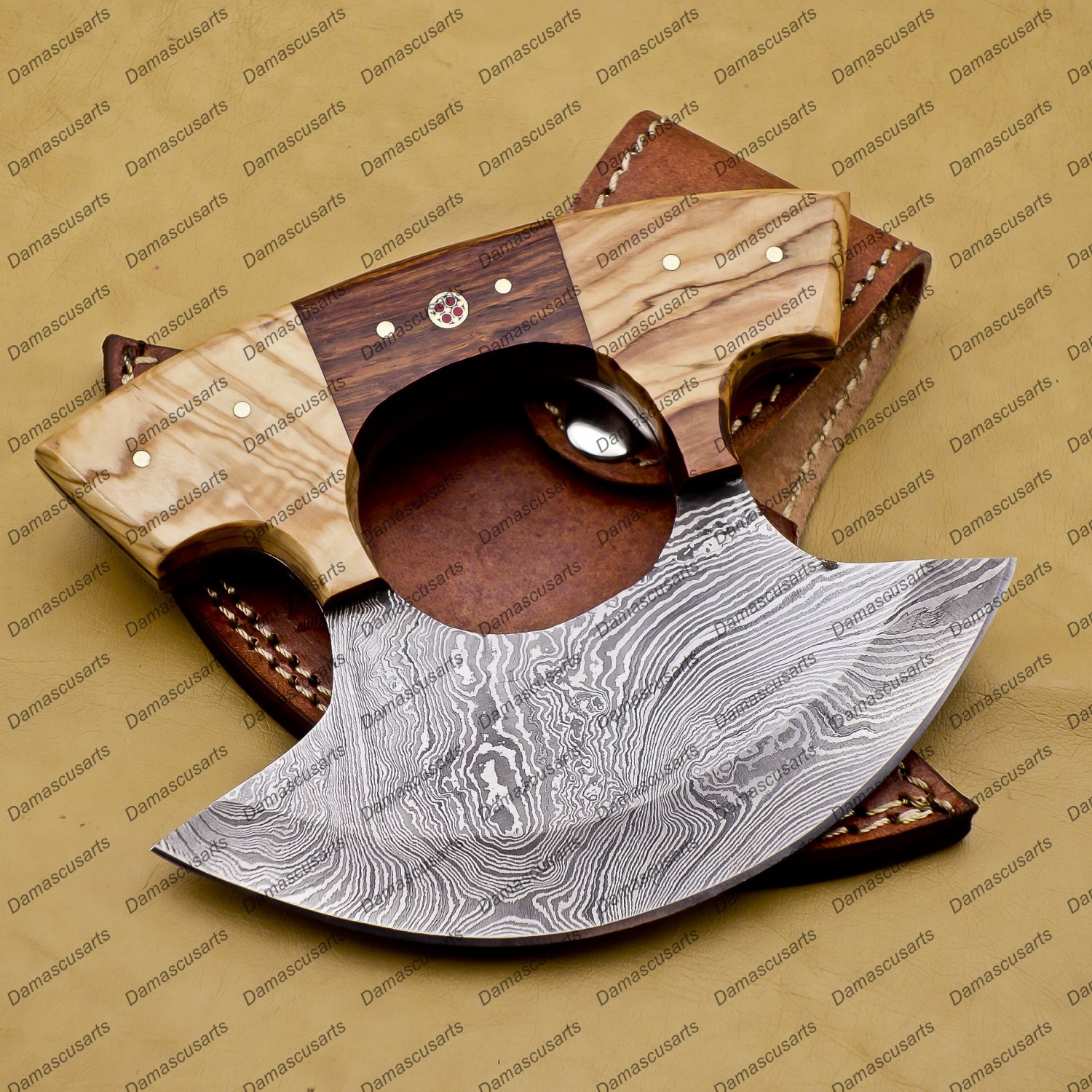 Customize Handmade Damascus Chef Kitchen Ulu Knife Chef Knife Heavy Duty Koa Wood + Leather Sheath