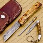 Custom Damascus Steel Folding Pocket Knife Free Damascus Keychain Handle Damascus Leather Sheath