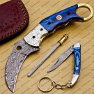 Personalized Damascus Folding Pocket Knife Karambit Knife Hunting Knife Handle Wood with Keychain