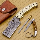 Custom Hand Made Damascus Steel Folding Pocket Knife Hunting knife with Brass Handle Leather Sheath