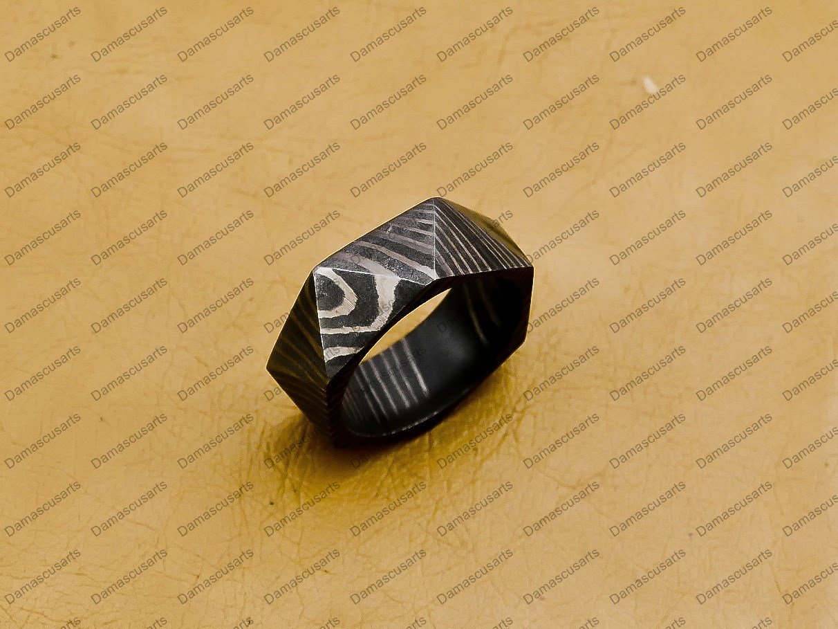 Handmade Damascus Steel Wedding Ring for Men Engagement Band with Custom Size