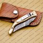 Damascus Folding Pocket knife Hunting knife 100% Damascus Steel Handle Copper with leather Sheath