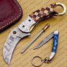 Damascus Folding Pocket knife Karambit Knife Hunting knife with Free Damascus Keychain Knife Handle