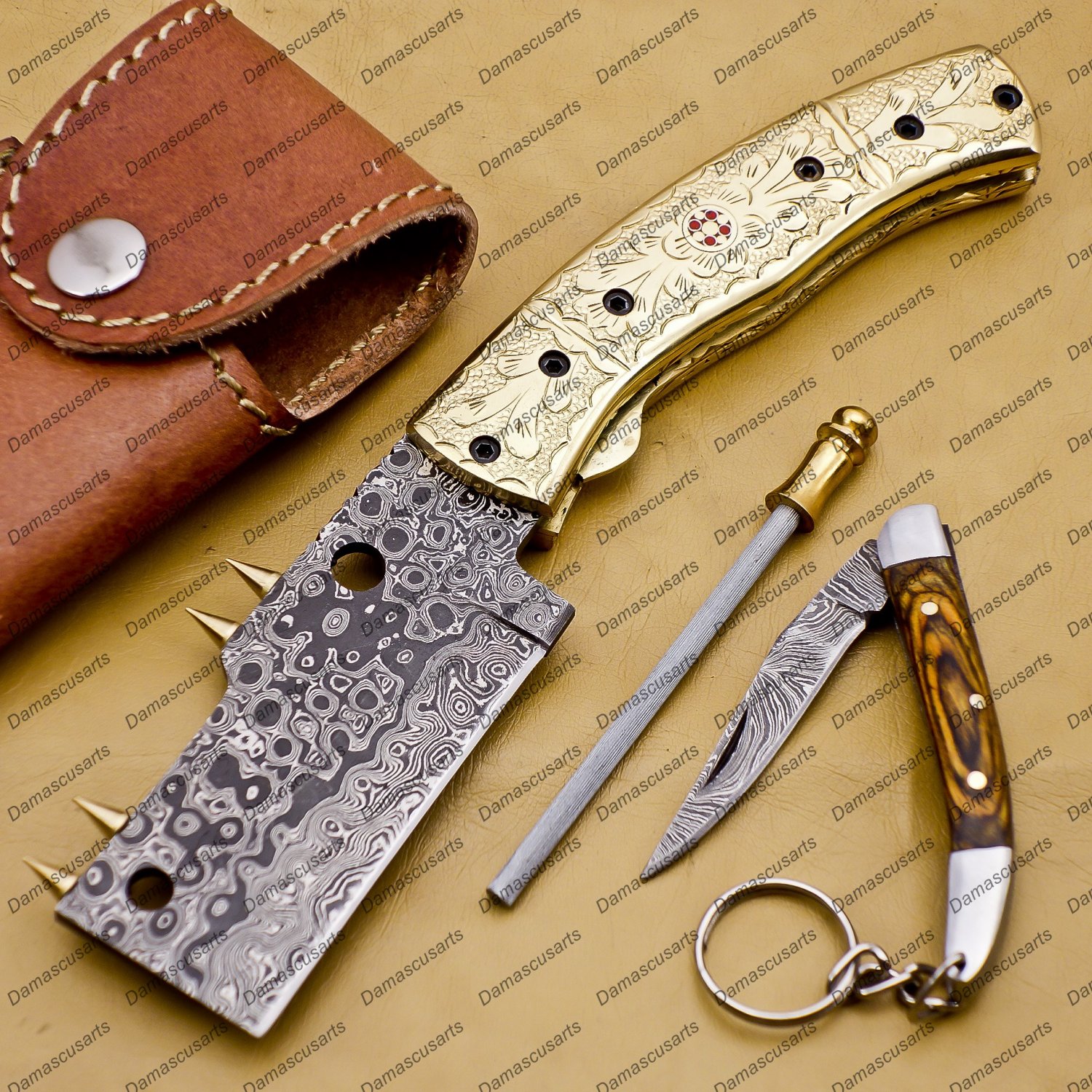 Personalizable Custom Hand Made Damascus Steel Folding Pocket Knife Hunting knife with Brass Handle