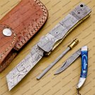 Custom Damascus Steel Folding Pocket Knife Handle Damascus with Free Damascus Keychain knife Sheeth