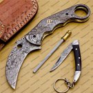 Custom Hand Made Damascus Steel Folding Pocket Karambit Knife Beautiful Handle Damascus with Cover