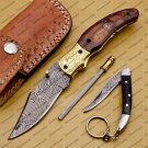 Personalized Custom Damascus Steel Folding Pocket Knife with Free Damascus Keychain Handle Bone