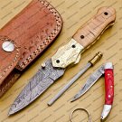Custom Hand Made Damascus Steel Folding Pocket Knife with Damascus Keychain Knife Handle Olive Wood