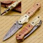 Custom Hand Made Damascus Steel Folding Pocket Knife with Damascus Keychain Knife Handle Olive Wood