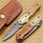 Custom Hand Made Damascus Steel Folding Pocket Knife with Damascus Keychain Knife Handle Olive Wood