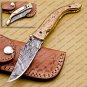 Personalized Custom Damascus Steel Folding Pocket Knife Handle Damascus with Leather Sheath