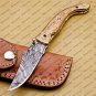 Personalized Custom Damascus Steel Folding Pocket Knife Handle Damascus with Leather Sheath